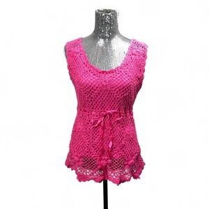 Romantic Crochet Hot Pink Peplum Tank Top XL Tie Waist Floral Overlay Resortwear